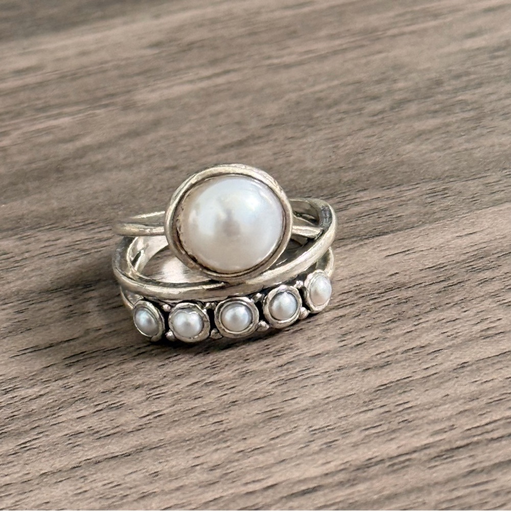 Pearl Ring Silver Tone Multi Band Faux Pearl Minimalist Statement